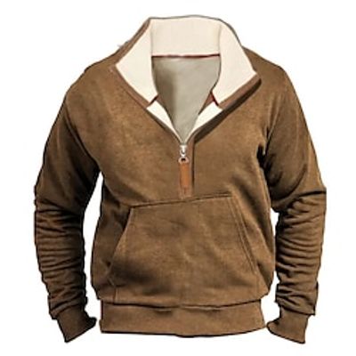 Men's Sweatshirt Quarter Zip Sweatshirt Brown Standing Collar Plain Pocket Sports  Outdoor Daily Holiday Vintage Basic Casual Spring   Fall Clothing Apparel Hoodies Sweatshirts  Lightinthebox