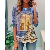 Women's T shirt Tee Christmas Shirt Cat Christmas Tree Yellow Pink Blue Print Long Sleeve Christmas Weekend Festival  Holiday Round Neck Regular Fit Spring   Fall Lightinthebox - thumbnail