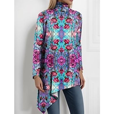 Women's Shirt Blouse Floral Blue Purple Green Print Asymmetric Hem Long Sleeve Casual Holiday Fashion High Neck Regular Fit Spring   Fall Lightinthebox