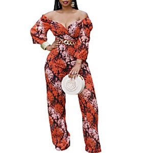 Women's Casual / Daily Streetwear Casual Daily Wear Plunging Yellow Fuchsia Orange Jumpsuit Color Block Print miniinthebox