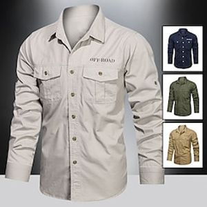 Men's Work Shirt Button Up Shirt Casual Shirt Summer Shirt Plain Lapel khaki Army Green Dark Blue Beige Outdoor Work Long Sleeve Pocket Clothing Apparel Stylish Business Leisure Lightinthebox