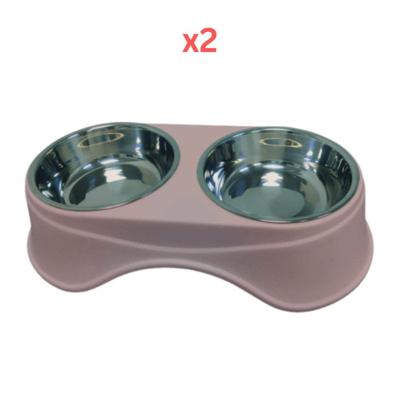 Pets Club Double Dining Pet Feedrer With Stainless Steel Bowl & Non Slip Rubber Bottom 36.5X19X9Cm (Pack of 2)