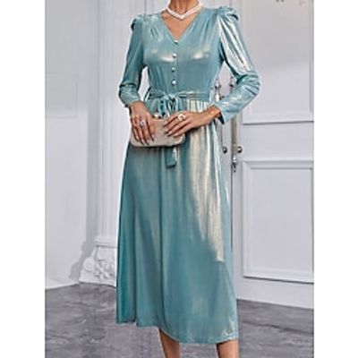 Women's Party Dress Sheath Dress Metallic Dress Midi Dress Rose Light Blue Long Sleeve Pure Color Button Fall Winter Autumn V Neck Fashion Evening Party Vacation 2023 S M L XL Lightinthebox