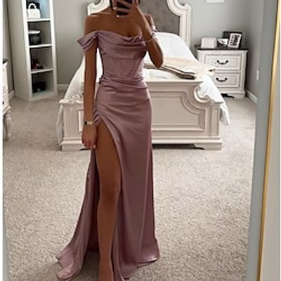 Mermaid  Trumpet Evening Gown Corsets Dress Formal Evening Party Sweep  Brush Train Sleeveless Off Shoulder Satin with Ruched Slit 2023 Lightinthebox