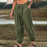 Men's Linen Pants Trousers Summer Pants Beach Pants Pocket Drawstring Elastic Waist Plain Comfort Breathable Daily Holiday Vacation Cotton Blend Hawaiian Boho Black Green Lightinthebox