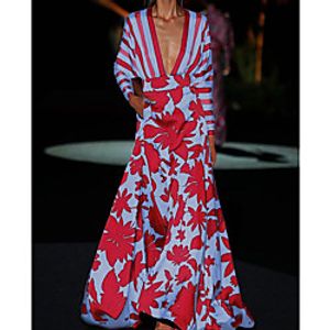 Women's Swing Dress Maxi long Dress Blushing Pink Long Sleeve Floral Striped Print Spring Summer V Neck Chic  Modern Elegant Casual vacation dresses Loose 2021 S M L XL XXL 3XL miniinthebox