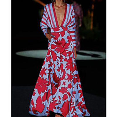 Women's Swing Dress Maxi long Dress Blushing Pink Long Sleeve Floral Striped Print Spring Summer V Neck Chic  Modern Elegant Casual vacation dresses Loose 2021 S M L XL XXL 3XL miniinthebox