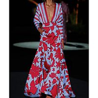 Women's Swing Dress Maxi long Dress Blushing Pink Long Sleeve Floral Striped Print Spring Summer V Neck Chic  Modern Elegant Casual vacation dresses Loose 2021 S M L XL XXL 3XL miniinthebox - thumbnail