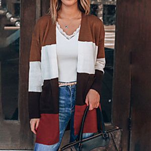 Women's Cardigan Sweater Knitted Striped Casual Long Sleeve Sweater Cardigans Cowl Fall Winter White Lightinthebox