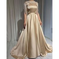 A-Line Evening Gown Glittering Dress Masquerade Black Tie Floor Length Short Sleeve High Neck The Great Gatsby Satin with Fringe Tassel Appliques 2023 Lightinthebox - thumbnail