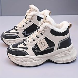 Women's Sneakers Boots Snow Boots Dad Shoes Daily Fleece Lined Booties Ankle Boots Embroidery Flat Heel Round Toe Casual Minimalism Running Walking PU Lace-up Solid Color Black Blue Gray miniinthebox