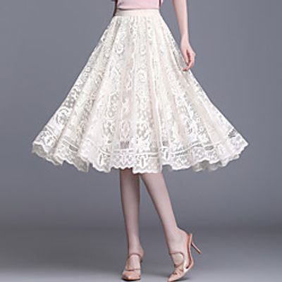 Women's Vacation Casual / Daily Basic Streetwear Calf-Length Skirts Solid Colored Tulle Lace Black Beige miniinthebox