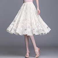 Women's Vacation Casual / Daily Basic Streetwear Calf-Length Skirts Solid Colored Tulle Lace Black Beige miniinthebox - thumbnail