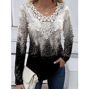 Women's Shirt Blouse Graphic Black White Pink Print Lace Patchwork Long Sleeve Casual Fashion Round Neck Regular Fit Spring   Fall Lightinthebox