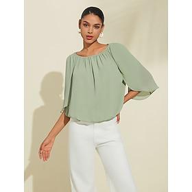 Women's Chiffon Daily Casual Green Boat Neck 3/4 Sleeve Loose Fit Blouse