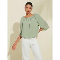 Women's Chiffon Daily Casual Green Boat Neck 3/4 Sleeve Loose Fit Blouse - thumbnail