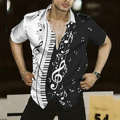 Men's Shirt Graphic Prints Music Notes Pano Keys Turndown Black Blue Green Outdoor Street Short Sleeves Print Clothing Apparel Fashion Streetwear Designer Casual Lightinthebox