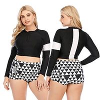 Women's Rashguard Swimsuit Two Piece Swimsuit UV Sun Protection UPF50 Plus Size Long Sleeve Swimwear Bathing Suit Front Zip Swimming Surfing Beach Water Sports Patchwork Spring Summer  Quick Dry Lightinthebox - thumbnail