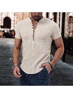 Men's Solid Cotton Linen Henley Collar Casual Slim Fit Stretch T-Shirt