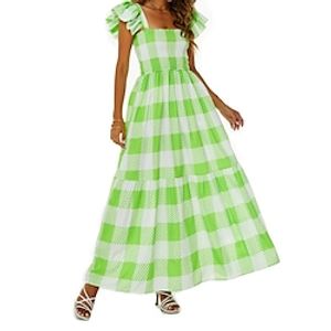 Women's Long Dress Maxi Dress Sundress Summer Dress Print Dress Plaid Fashion Mature Holiday Vacation Going out Ruffle Backless Short Sleeve Square Neck Dress Regular Fit Green Summer Spring S M L XL Lightinthebox