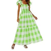 Women's Long Dress Maxi Dress Sundress Summer Dress Print Dress Plaid Fashion Mature Holiday Vacation Going out Ruffle Backless Short Sleeve Square Neck Dress Regular Fit Green Summer Spring S M L XL Lightinthebox - thumbnail