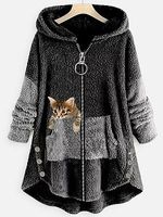 Loose Casual Cat Print Lamb Wool Cardigan Hooded Coat