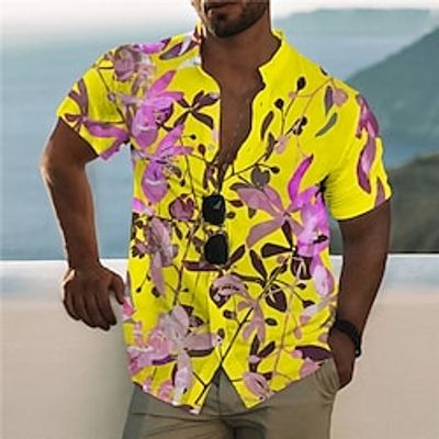 Men's Shirt 3D Print Floral Stand Collar Casual Daily Button-Down Print Short Sleeve Tops Designer Casual Fashion Comfortable Yellow miniinthebox