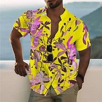 Men's Shirt 3D Print Floral Stand Collar Casual Daily Button-Down Print Short Sleeve Tops Designer Casual Fashion Comfortable Yellow miniinthebox - thumbnail