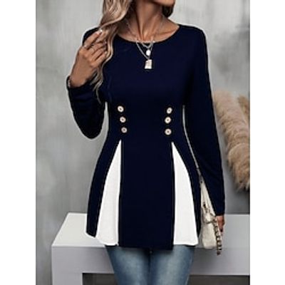 Women's T shirt Tee Black Pink Navy Blue Color Block Button Flowing tunic Long Sleeve Daily Weekend Fashion Round Neck Regular Fit Spring   Fall Lightinthebox