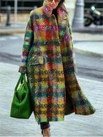 Women's Retro Colorful Plaid Print Thick Mid-Length Woolen Coat
