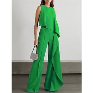Women's Jumpsuit Ruffle High Waist Solid Color Crew Neck Streetwear Work Birthday Regular Fit Sleeveless Black White Blue S M L Summer Lightinthebox