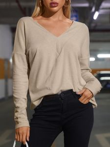 YOINS Apricot Button Design V-neck Long Sleeves Tee