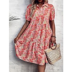 Women's Casual Dress Floral Dress Print Dress Floral Ruched Button Shirt Collar Midi Dress Active Fashion Outdoor Daily Short Sleeve Regular Fit Red Summer Spring S M L XL Lightinthebox