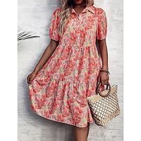 Women's Casual Dress Floral Dress Print Dress Floral Ruched Button Shirt Collar Midi Dress Active Fashion Outdoor Daily Short Sleeve Regular Fit Red Summer Spring S M L XL Lightinthebox - thumbnail