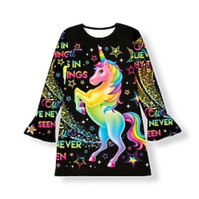 Girls' 3D Rainbow Unicorn Ruffle Dress Long Sleeve 3D Print Fall Winter Sports  Outdoor Daily Holiday Cute Casual Beautiful Kids 3-12 Years Casual Dress A Line Dress Above Knee Polyester Regular Fit Lightinthebox