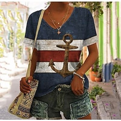 Women's T shirt Tee Blue Graphic Print Short Sleeve Daily Weekend Basic V Neck Regular Painting S Lightinthebox Women's T shirt Tee Blue Graphic Print Short Sleeve Daily Weekend Basic V Neck Regular Painting S Lightinthebox