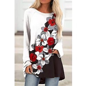 Women's T shirt Tee Green Red White Floral Print Long Sleeve Holiday Weekend Basic Round Neck Long Floral Painting S Lightinthebox