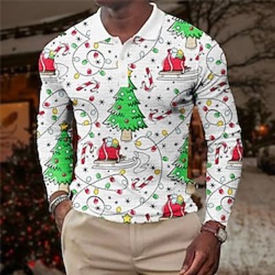 Christmas Tree Casual Men's 3D Print Waffle Polo Shirt Golf Polo Outdoor Casual Daily Streetwear Christmas Waffle Fabric Long Sleeve Turndown Polo Shirts White Green Fall  Winter S M L Lapel Polo Lightinthebox