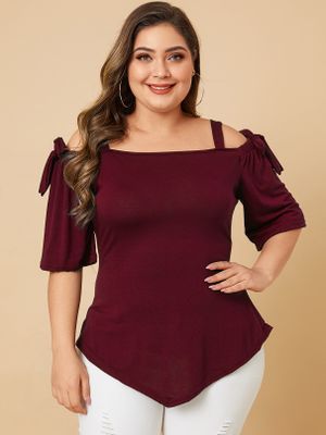 Plus Size Tie-up Design Cold Shoulder Half Sleeves Tee Plus Size Tie-up Design Cold Shoulder Half Sleeves Tee