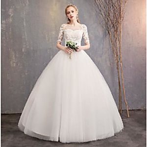 Princess Ball Gown Wedding Dresses Jewel Neck Floor Length Lace Tulle Short Sleeve Formal Romantic Elegant with Pleats Appliques 2021 miniinthebox