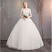Princess Ball Gown Wedding Dresses Jewel Neck Floor Length Lace Tulle Short Sleeve Formal Romantic Elegant with Pleats Appliques 2021 miniinthebox - thumbnail