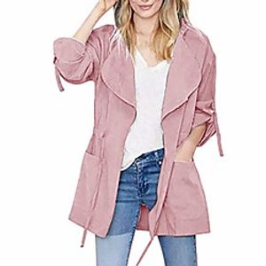 Women's Coat Solid Color Drawstring Sporty Fall Jacket Notch lapel collar Long Causal Long Sleeve Polyester Coat Tops Pink Lightinthebox