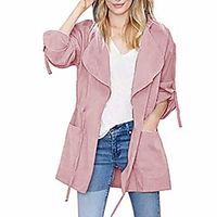 Women's Coat Solid Color Drawstring Sporty Fall Jacket Notch lapel collar Long Causal Long Sleeve Polyester Coat Tops Pink Lightinthebox - thumbnail