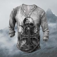 Graphic Cross Skulls Fashion Designer Basic Men's 3D Print Henley Shirt T shirt Tee Tee Top Long Sleeve Shirt Street Casual Daily T shirt Red Blue Gray Long Sleeve Henley Shirt Spring   Fall Lightinthebox