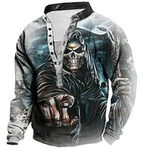 Men's Unisex Sweatshirt Pullover Button Up Hoodie Gray Standing Collar Skull Graphic Prints Print Casual Daily Sports 3D Print Streetwear Designer Casual Spring   Fall Clothing Apparel Hoodies Lightinthebox