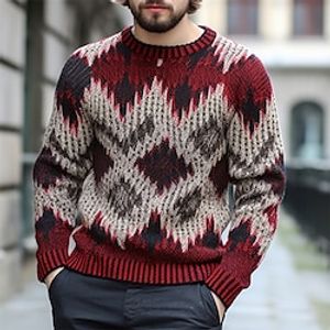 Plaid  Check Geometry Business Men's Knitting Print Ugly Christmas Sweater Pullover Sweater Jumper Knitwear Outdoor Daily Vacation Christmas Long Sleeve Crewneck Sweaters Wine Red Fall Winter S M L Lightinthebox