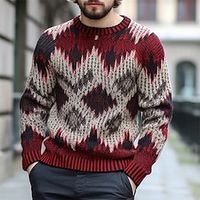 Plaid  Check Geometry Business Men's Knitting Print Ugly Christmas Sweater Pullover Sweater Jumper Knitwear Outdoor Daily Vacation Christmas Long Sleeve Crewneck Sweaters Wine Red Fall Winter S M L Lightinthebox - thumbnail