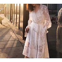 A-Line Elegant Floral Party Wear Cocktail Party Dress Shirt Collar Long Sleeve Knee Length Lace with Sash  Ribbon Pleats 2021 Lightinthebox - thumbnail