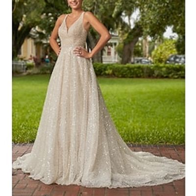 Hall Formal Wedding Dresses A-Line V Neck Sleeveless Sweep  Brush Train Tulle Bridal Gowns With Beading Solid Color 2023 Lightinthebox