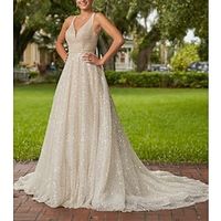 Hall Formal Wedding Dresses A-Line V Neck Sleeveless Sweep  Brush Train Tulle Bridal Gowns With Beading Solid Color 2023 Lightinthebox - thumbnail